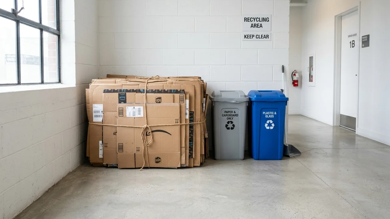 Neatly broken down and flattened cardboard delivery boxes stacked compactly inside a residential recycling area
