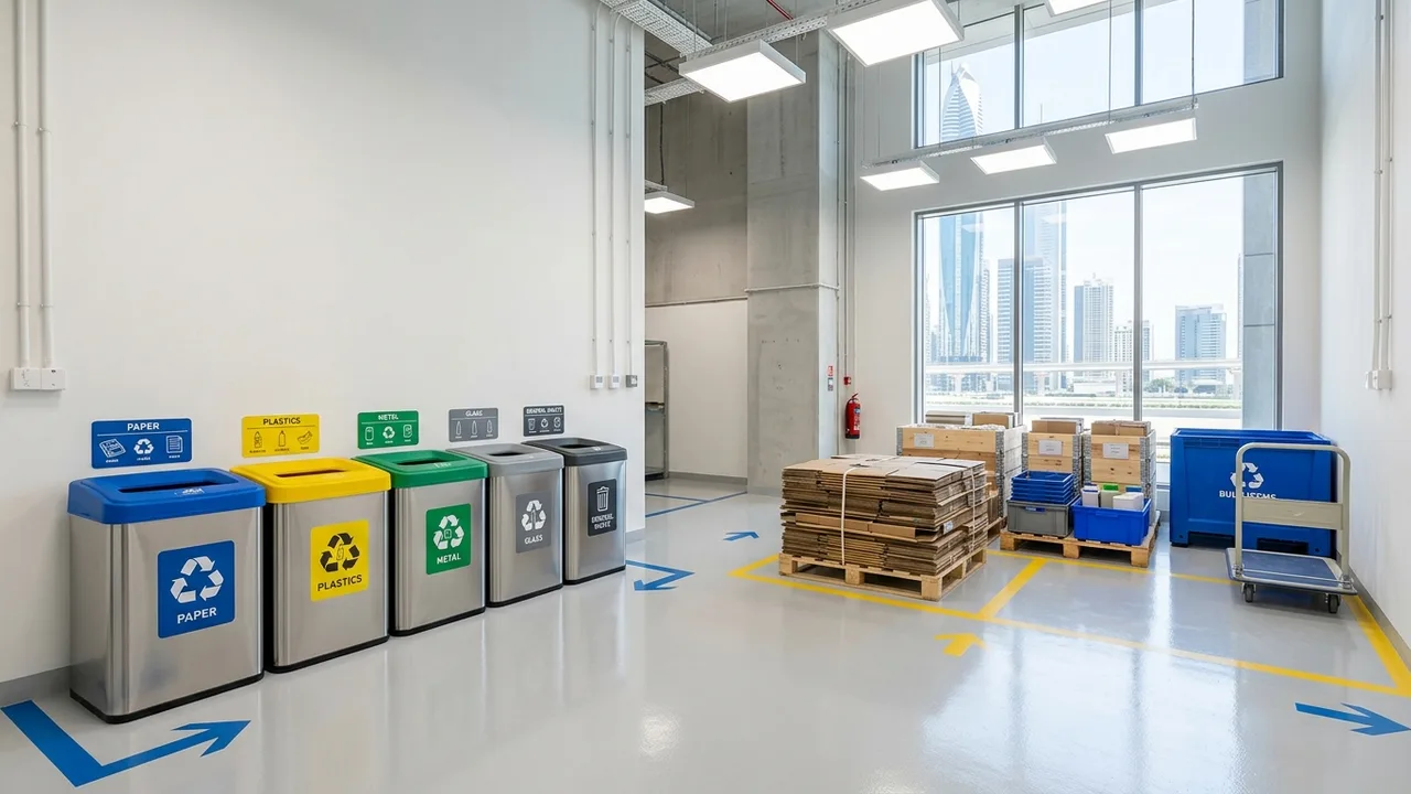 Operational waste and recycling sorting room inside a modern green commercial building in Dubai with color-coded bins and segregated surplus items