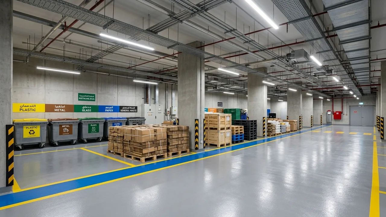 Central recycling collection station in a contemporary Dubai building basement featuring organized bins and segregated packaging materials