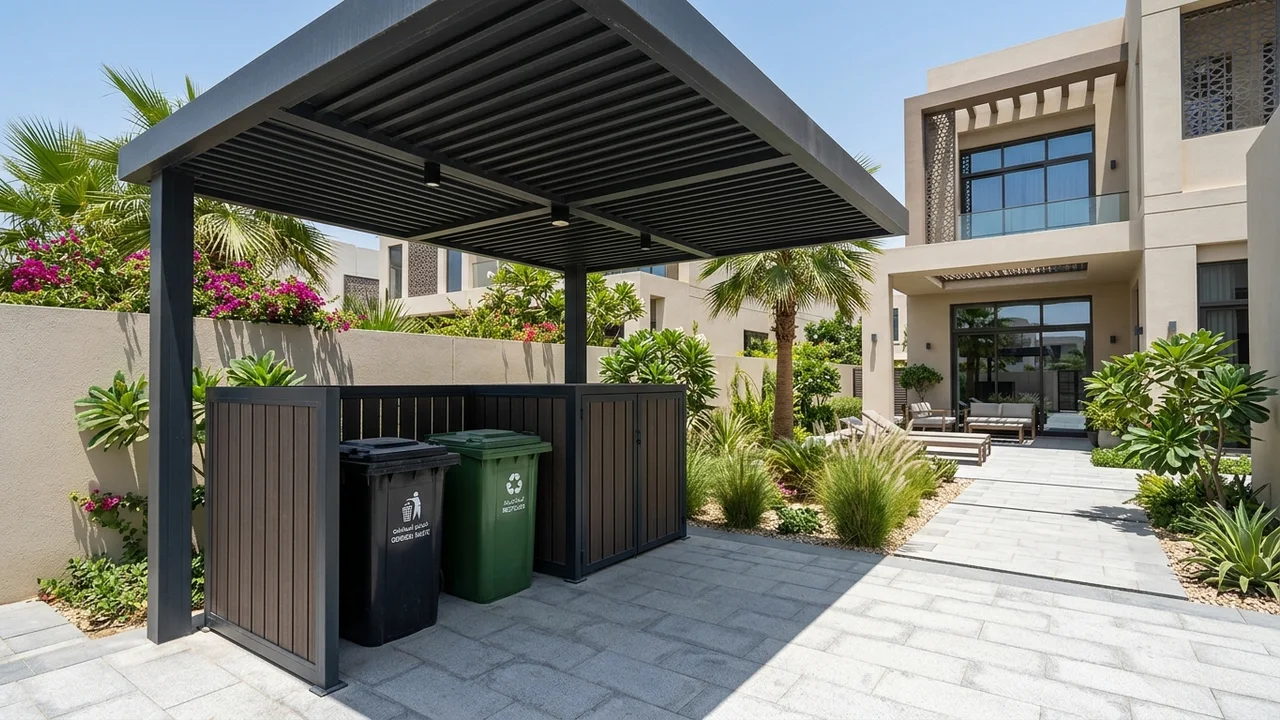Shaded outdoor bin enclosure beside a Dubai villa keeping domestic waste bins shielded from direct summer heat