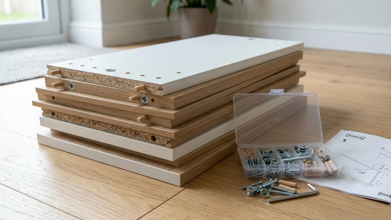 Dismantled laminate particleboard and MDF wooden furniture panels showing edge banding and cam dowel joints stacked on the floor