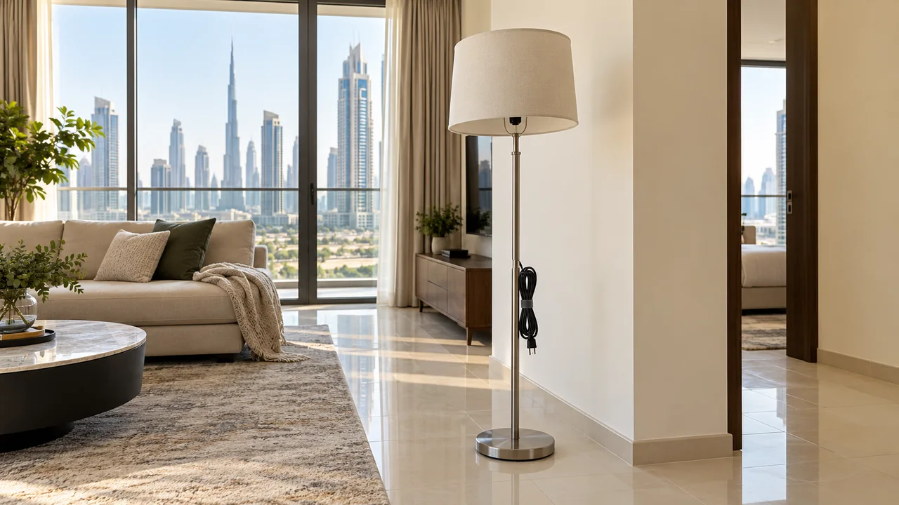 Unplugged metal floor lamp with a fabric shade and secured cable beside a clear route in a Dubai apartment