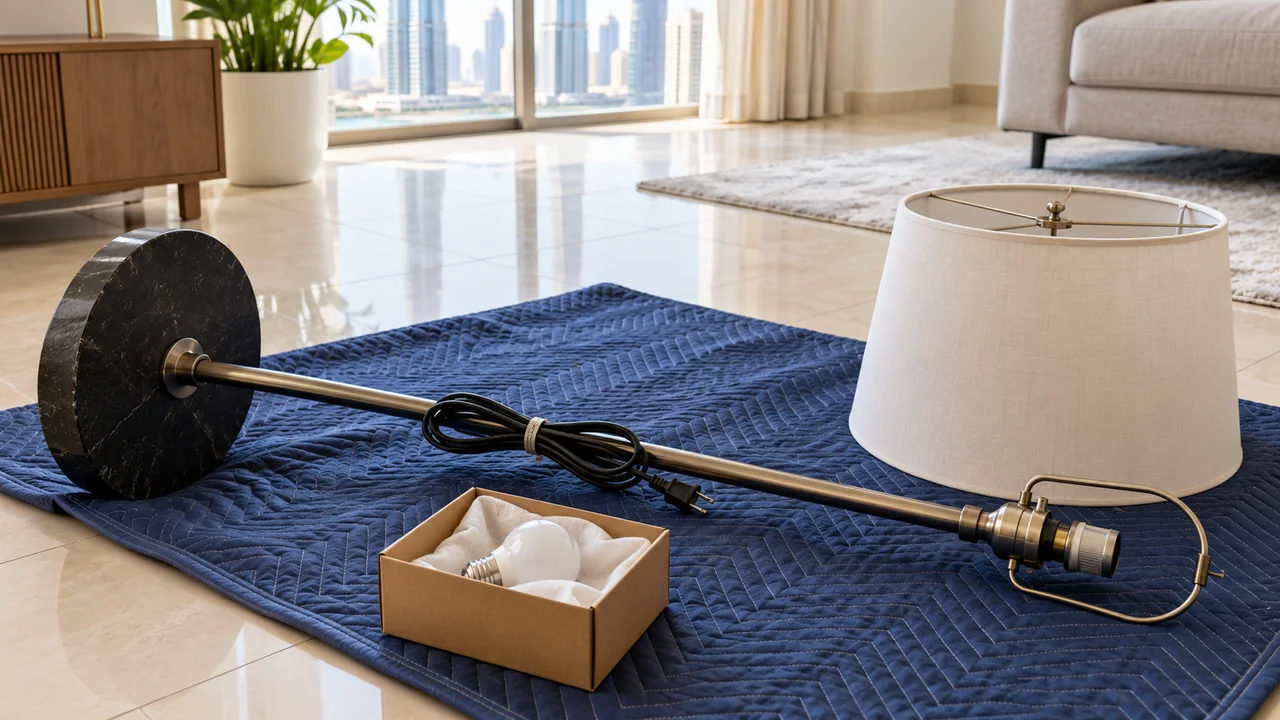 Floor lamp laid on a protective blanket with its fabric shade detached, bulb padded in a box and cable tied to the stem