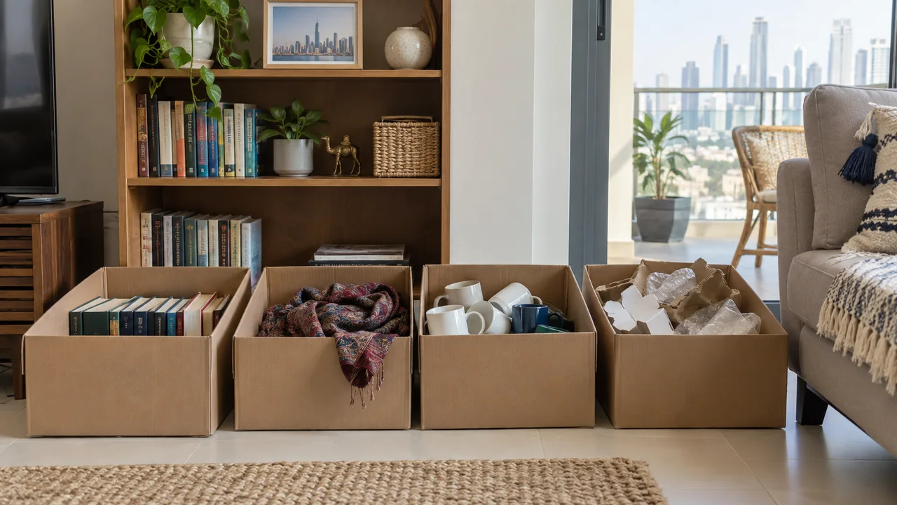 Four open sorting boxes with different household objects beside a small bookcase and clear walkway