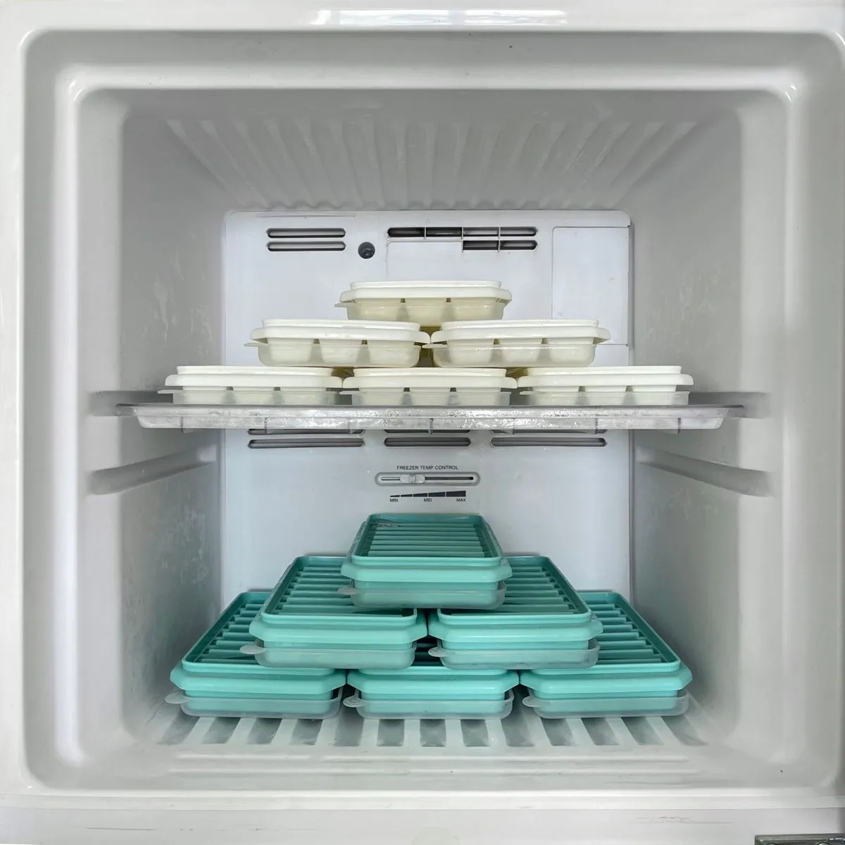 Interior of an emptied white freezer compartment with stacked ice cube trays on a wire shelf and a visible freezer temperature control dial