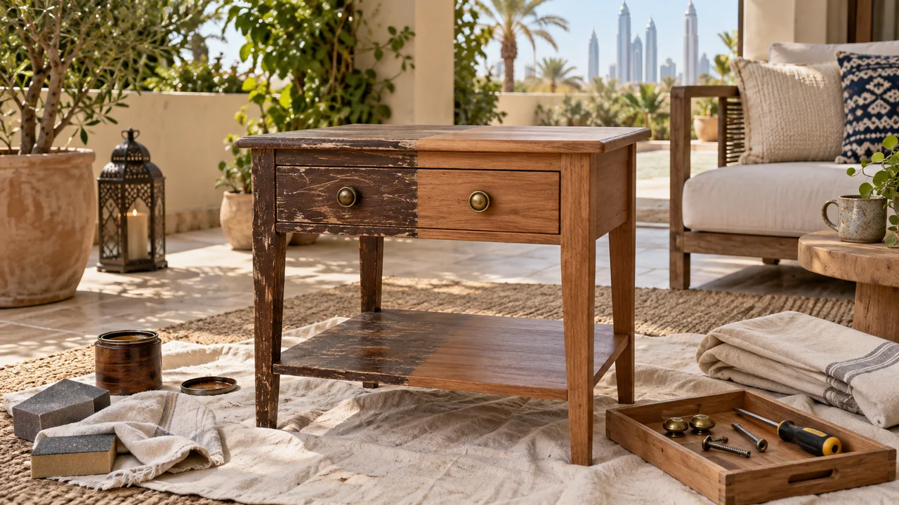 Structurally sound wooden side table halfway through a careful finish refresh on a shaded Dubai villa patio