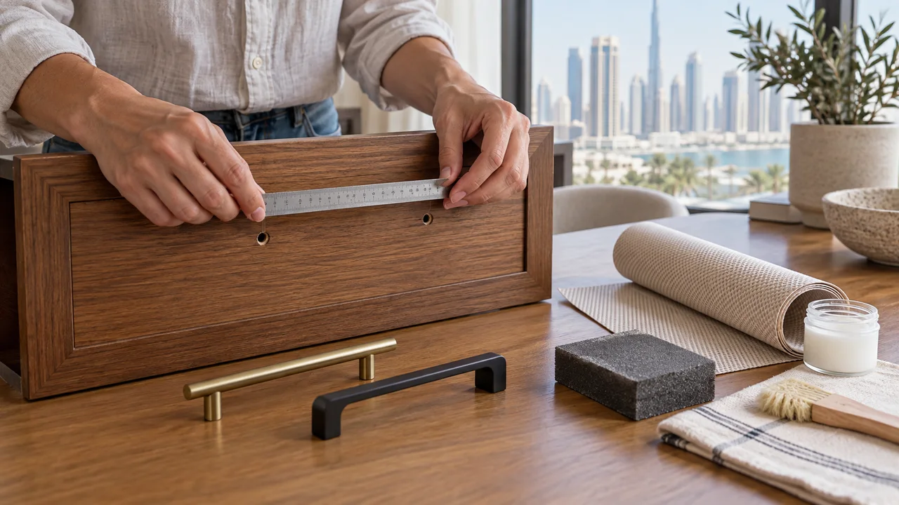 Adult measuring existing handle holes on a wooden drawer beside replacement pulls liner material and a sanding block