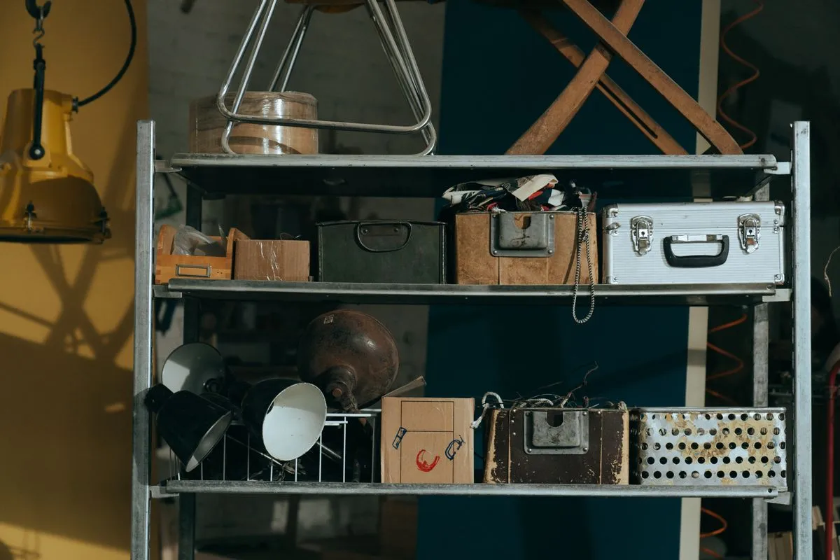 Metal shelving rack in a garage holding old suitcases, a tin trunk, a metal flight case, cardboard boxes and two vintage lamps
