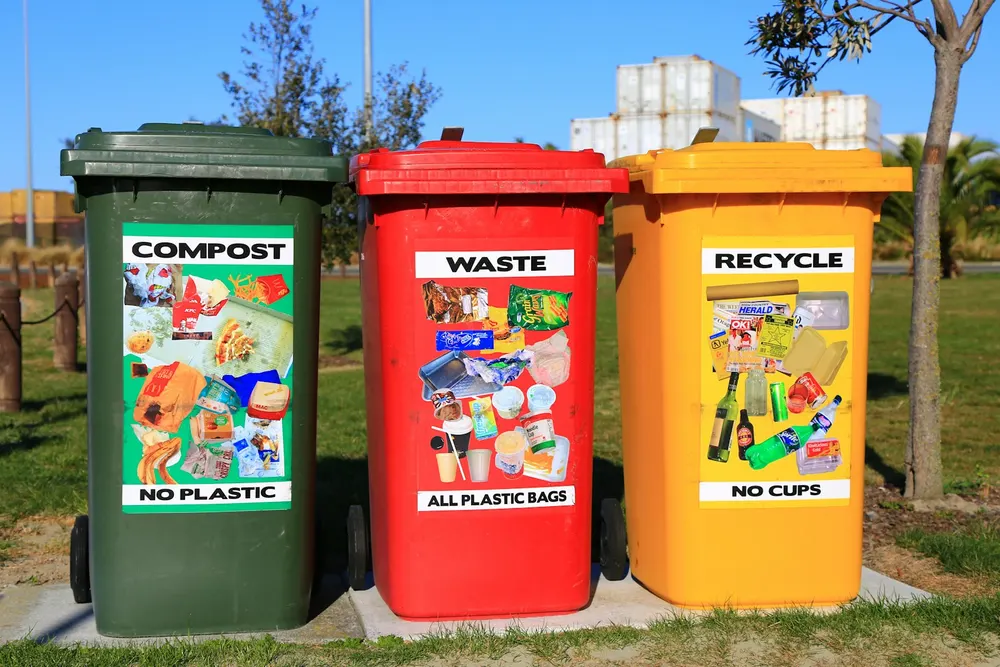 Colour-coded bins labelled for compost, general waste and recycling used to segregate garbage in Dubai