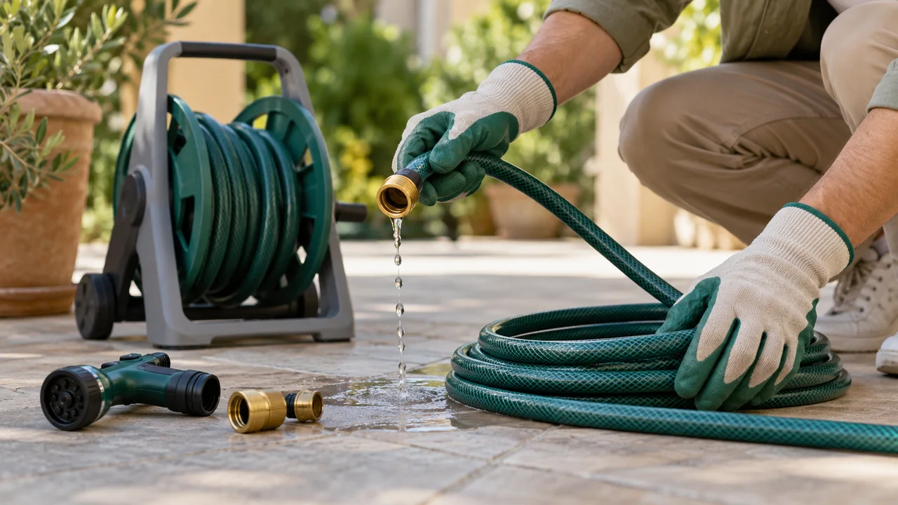 Gloved hands draining a disconnected green garden hose beside a portable reel, spray nozzle and separated brass fittings