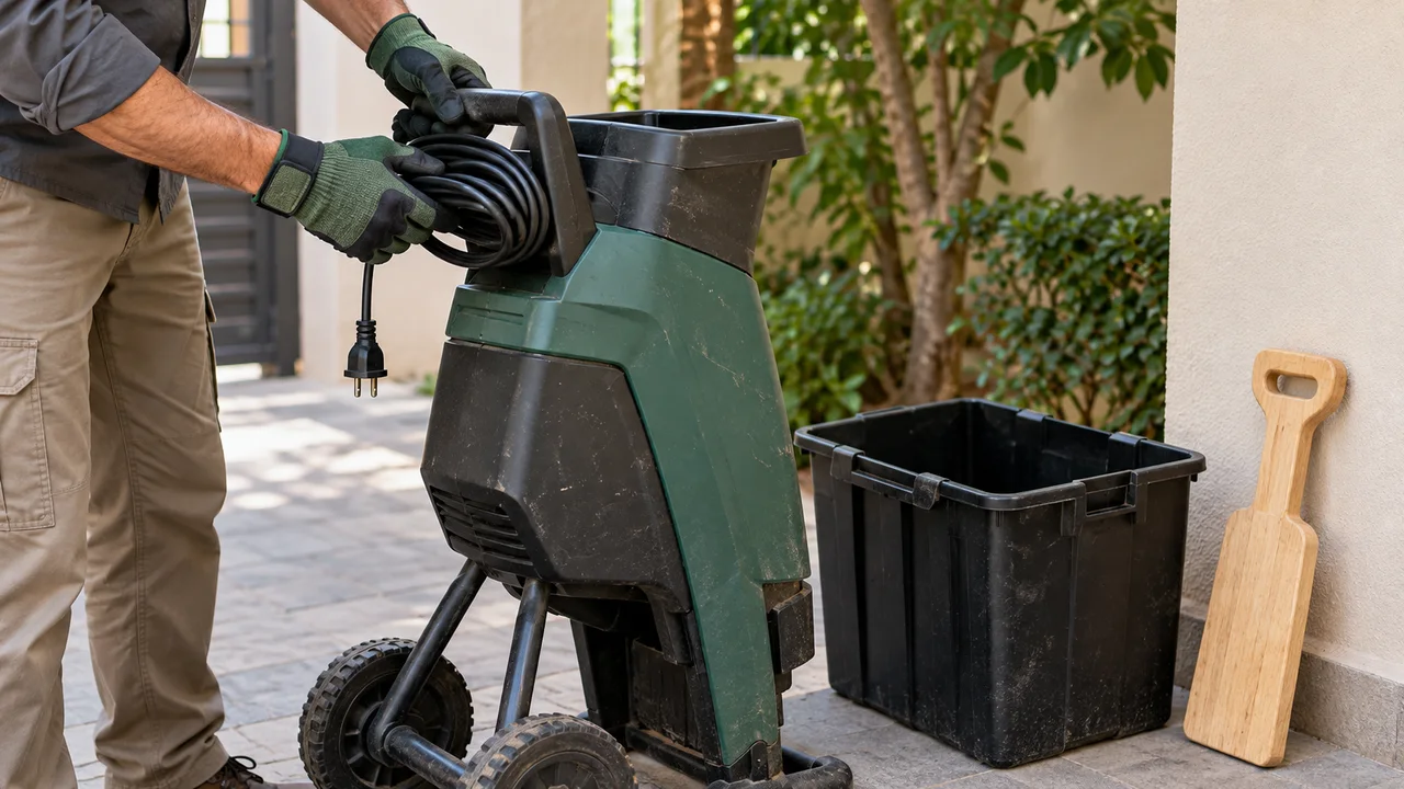 Gloved hands securing a garden shredder power cable beside its empty black collection box and wooden pusher