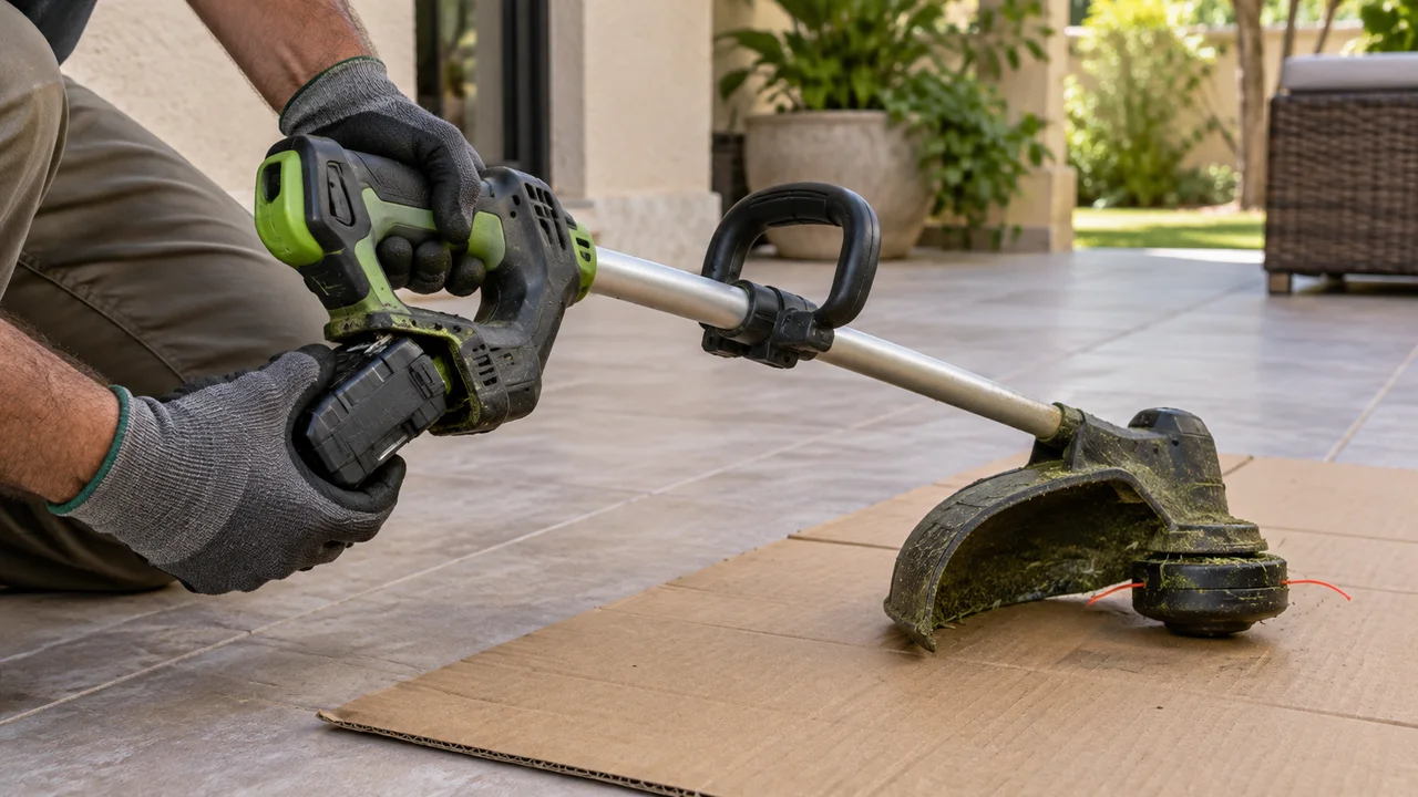 Gloved hands removing the battery from a used grass trimmer while its guarded cutting head rests on cardboard