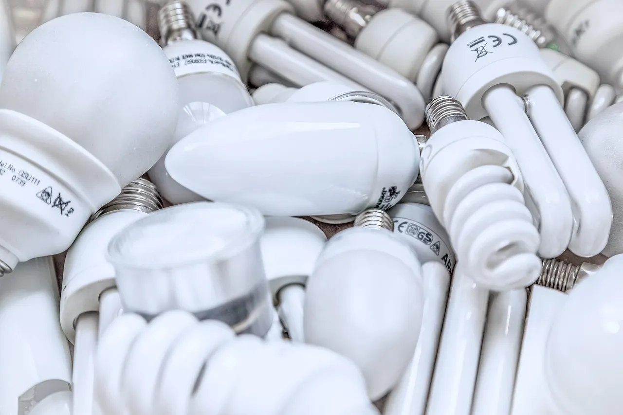 Heap of used compact fluorescent and energy-saving light bulbs showing crossed-out bin recycling symbols