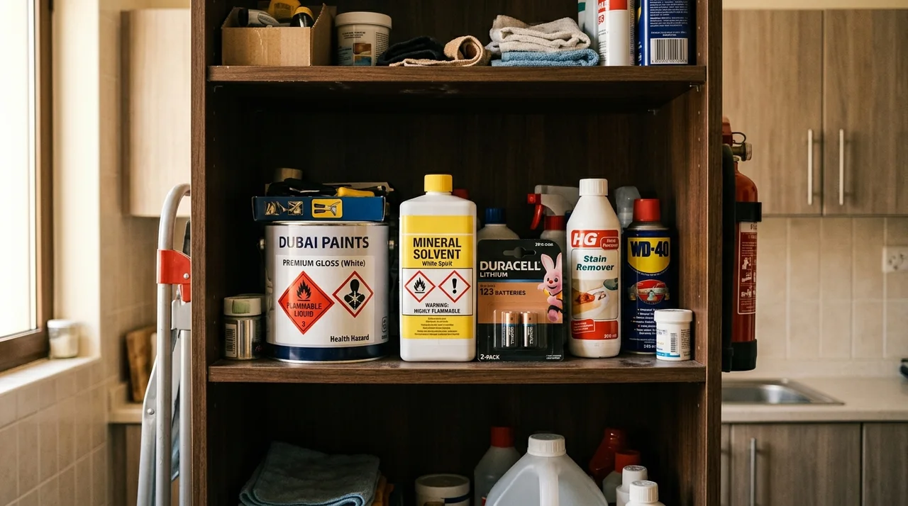Domestic utility room cabinet shelf in a Dubai villa neatly storing household maintenance chemicals with clear hazard warning symbol labels