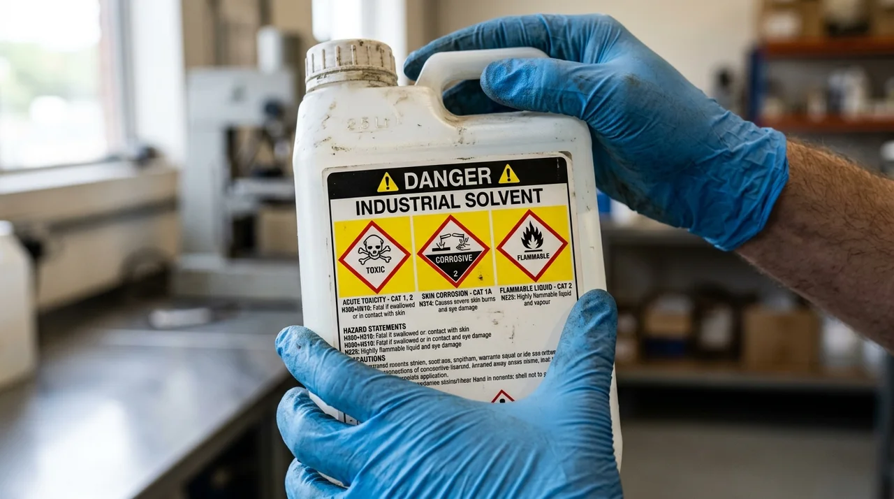 Close up photograph of hands wearing blue protective gloves holding and inspecting chemical hazard warning labels on a plastic container