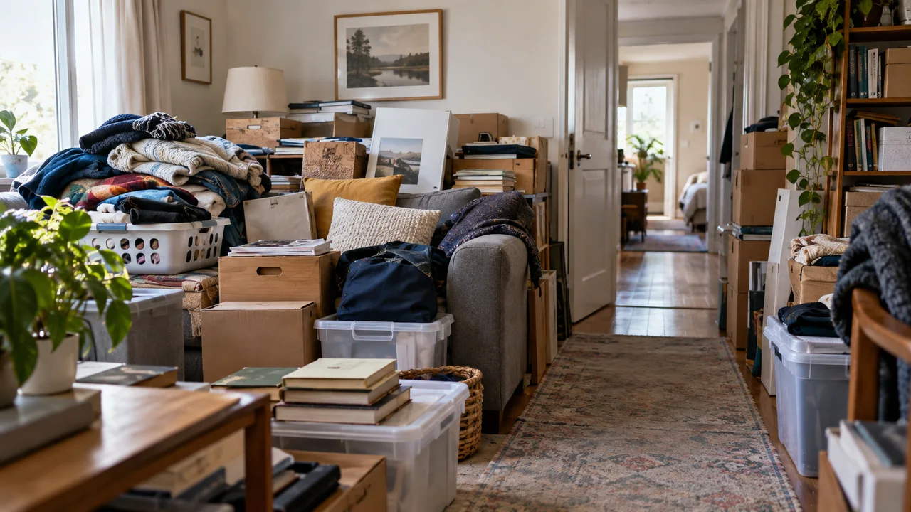Living room with household boxes, books and clothing covering the sofa while a narrow route to the doorway remains open