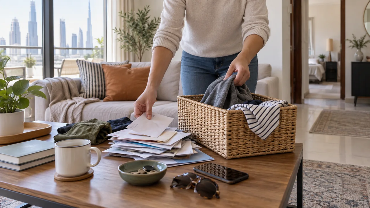 Adult sorting a modest pile of mail and clothing into a basket while the sofa and walking route remain usable