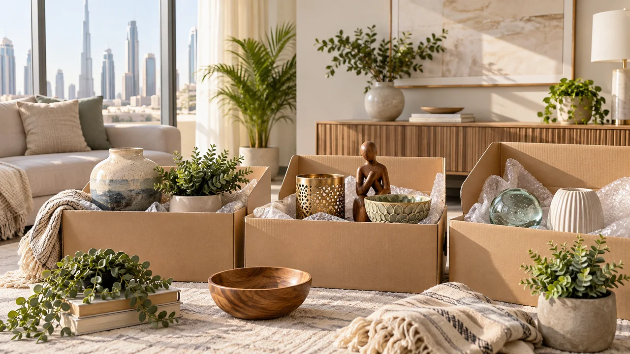 Ceramic vase, metal candleholder, wooden sculpture, decorative bowl and glass ornament sorted beside padded boxes in a living room