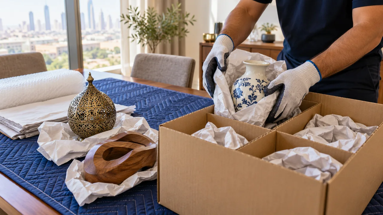 Gloved hands wrapping a ceramic vase and placing it upright in a divided box beside metal and wooden decorative objects