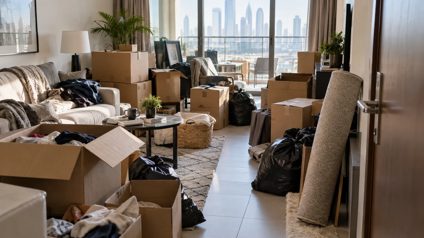 Unlabelled boxes, loose clothing, rolled rugs, furniture and black bags blocking the route through a partly packed apartment living room