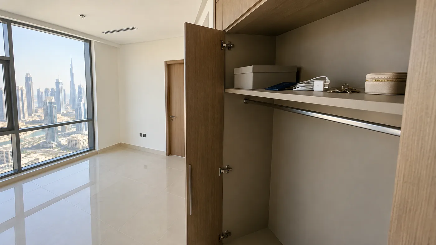Nearly empty apartment bedroom with open wardrobe doors and overlooked keys, charger, small case and closed booklet on a high shelf