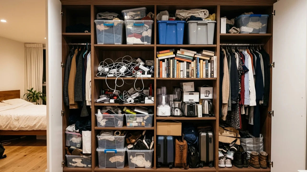 Overcrowded built-in bedroom wardrobe shelves tightly packed with miscellaneous boxes and duplicate household goods
