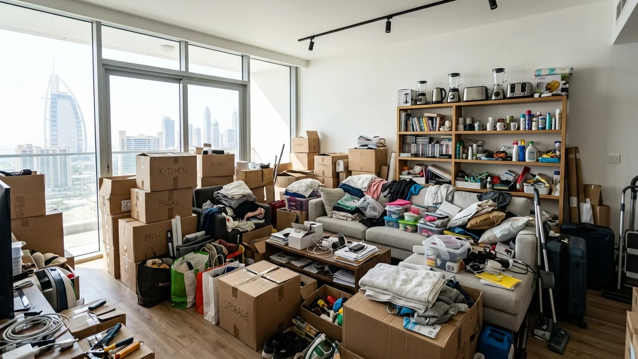 Cardboard storage boxes and duplicated household items taking up floor space in a bright apartment living room