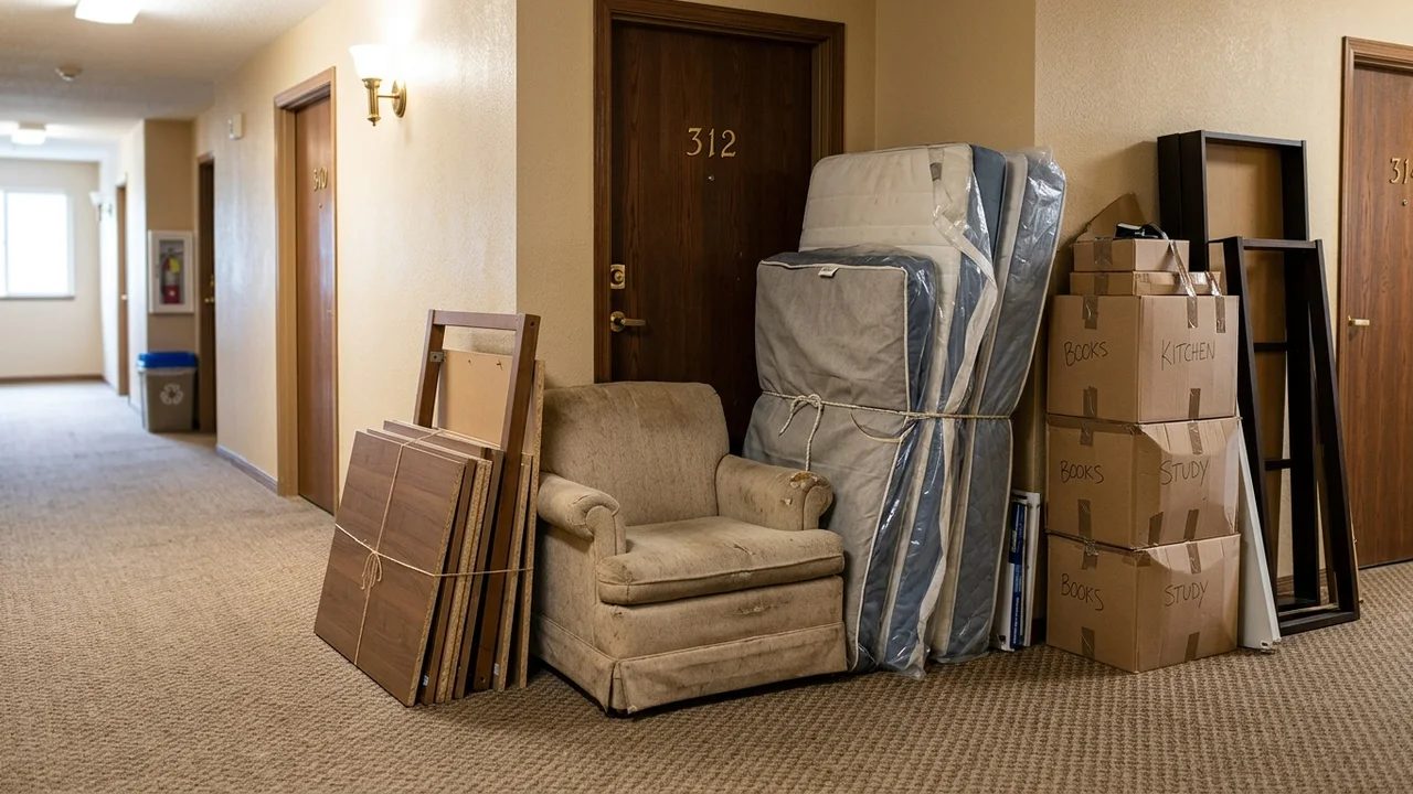 Stack of discarded apartment furniture pieces and packed unwanted items grouped together during a tenancy move-out