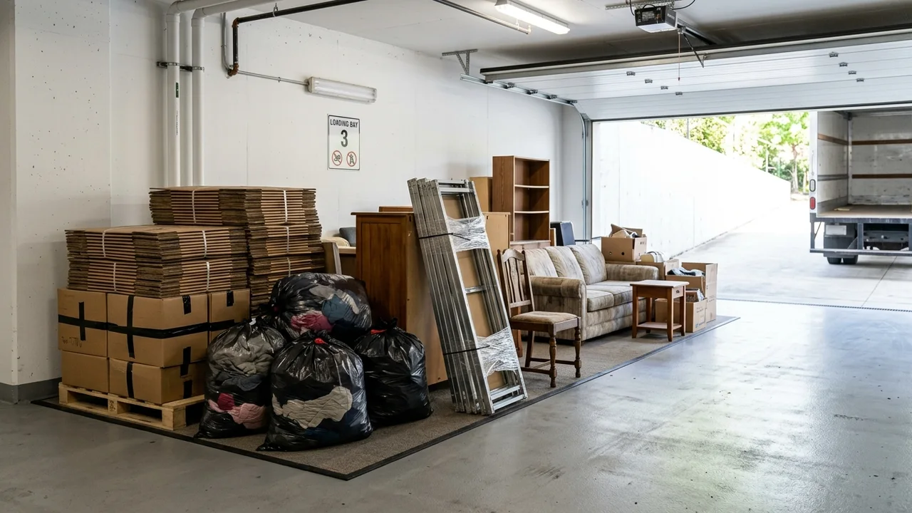 Grouped household discards and flatpack furniture parts staged in an orderly manner before removal crew collection