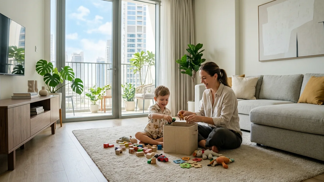 Parent and young child sitting together on a living room rug in a modern Dubai apartment playfully sorting toys into storage bins