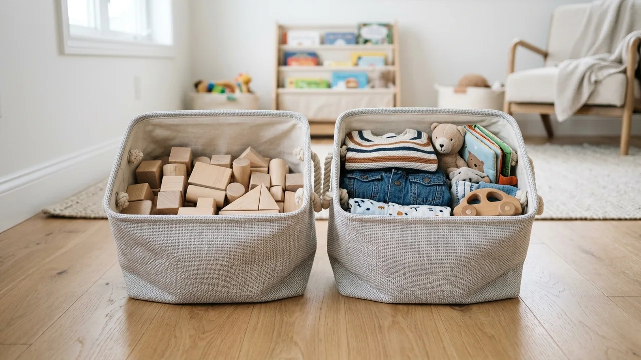 Close-up view of two neat open fabric storage baskets on a light wooden floor in a clean modern room with toys and clothes