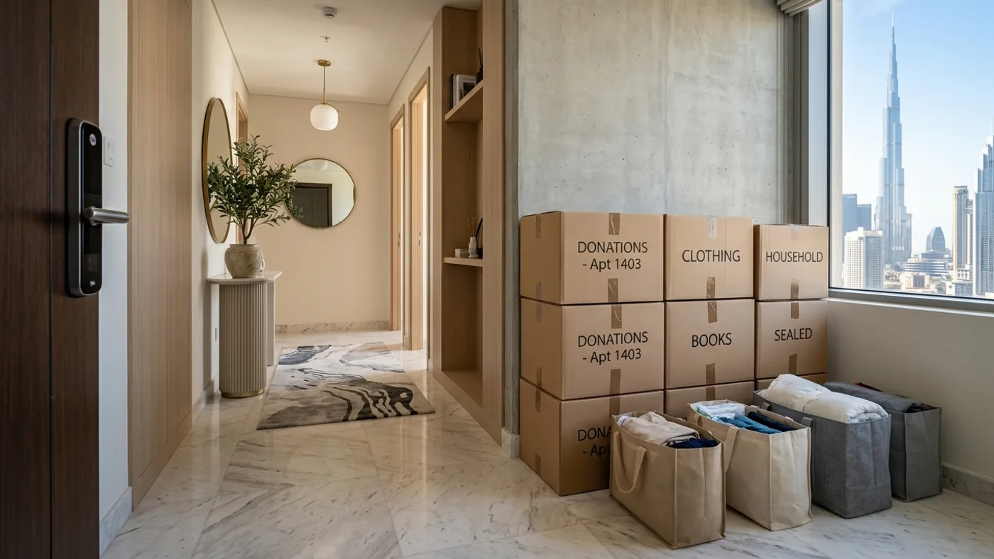 Neatly packed and labeled cardboard boxes stacked beside entryway for scheduled donation and collection