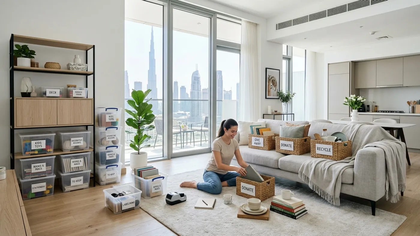 Woman sitting on rug sorting household items into labeled storage boxes in a bright modern Dubai apartment