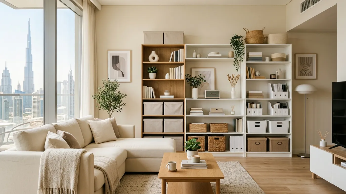 Modern minimalist living room in Dubai with tidy wooden shelves and comfortable cream sectional couch
