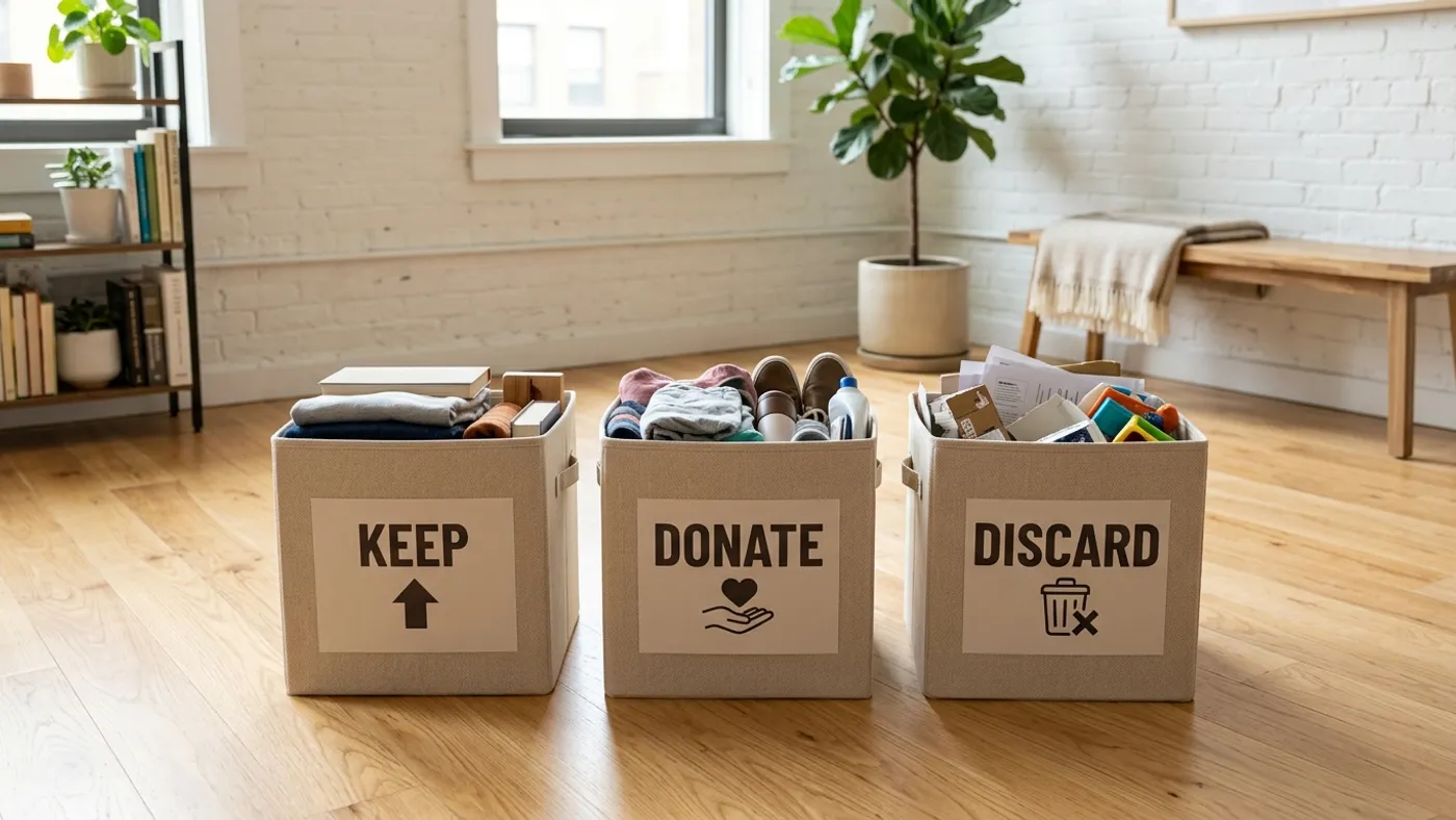 Three neatly labeled fabric sorting bins marked Keep, Donate, and Discard placed on wooden flooring inside an apartment