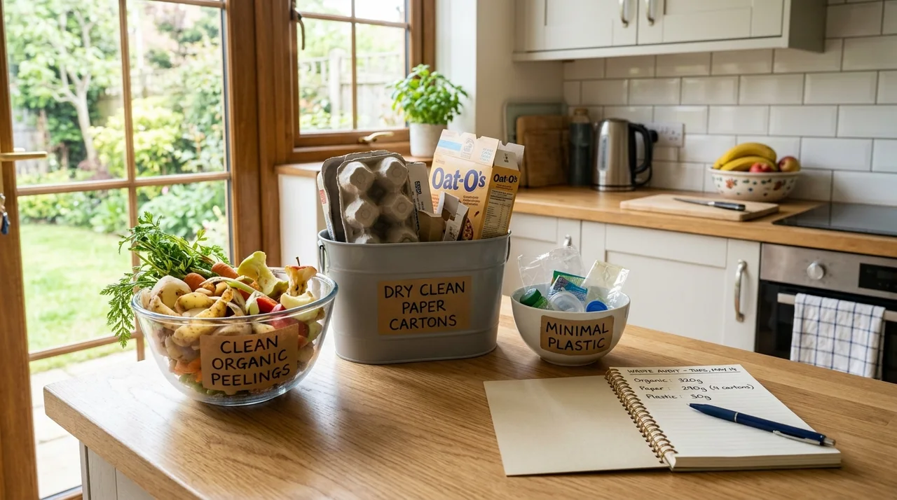 A tidy kitchen countertop setup during a household waste audit showing labeled containers for clean organic peelings, dry paper, and minimal plastic