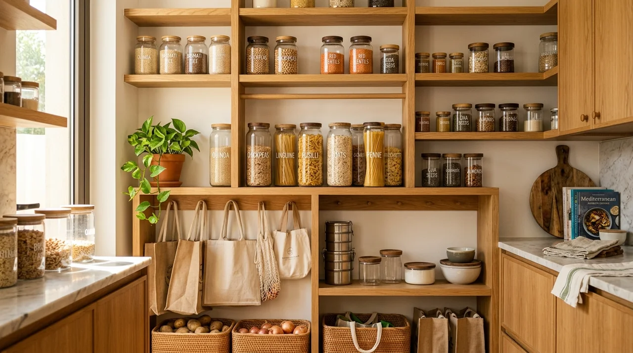 Modern sunlit Dubai villa kitchen pantry organized with reusable glass jars, produce cloth bags, and zero-waste storage containers