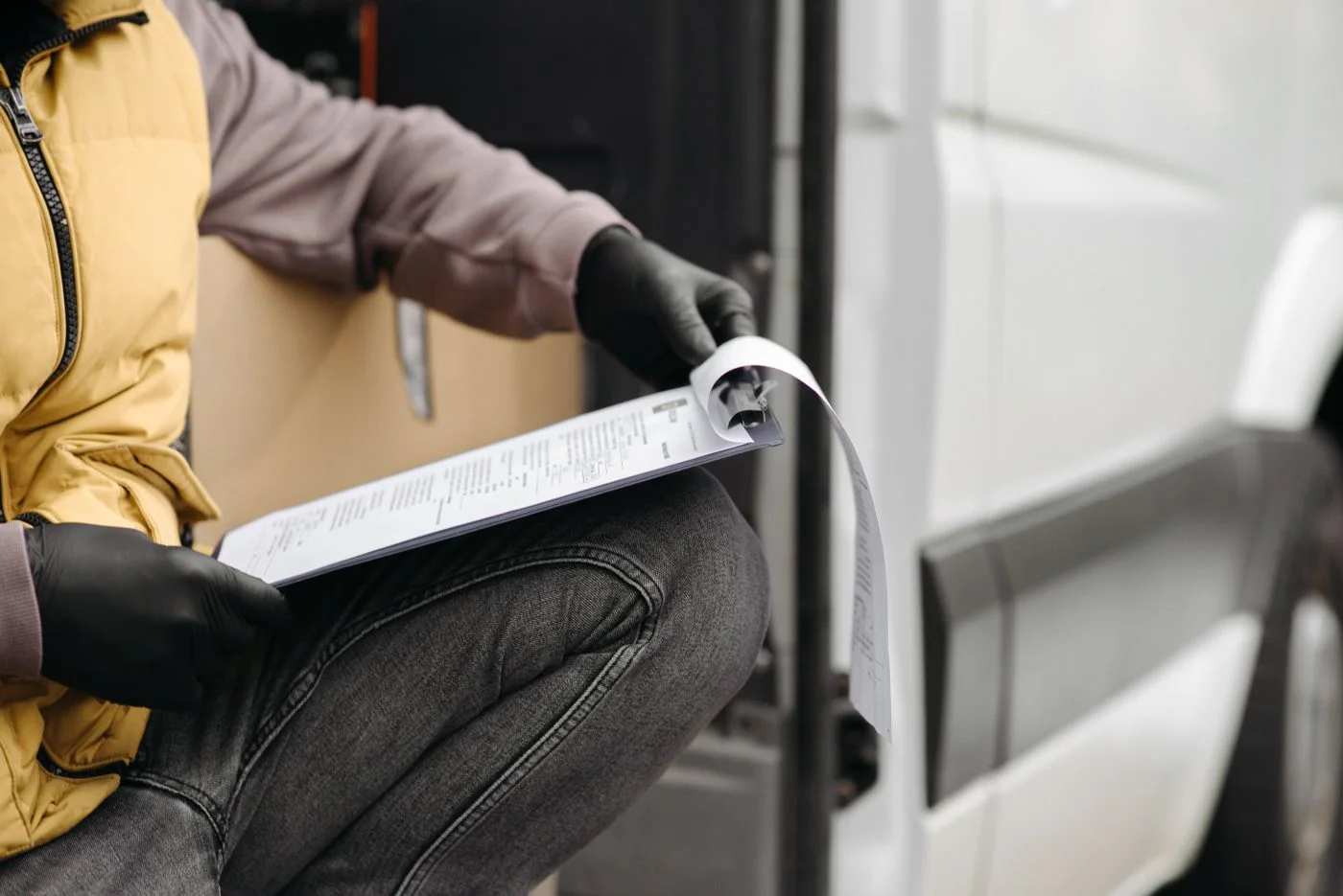 Worker in a yellow bodywarmer and black gloves reading paperwork on a clipboard beside the open rear doors of a white van