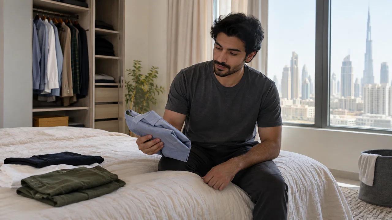 Adult considering a folded shirt beside a small gathered clothing category on a bed