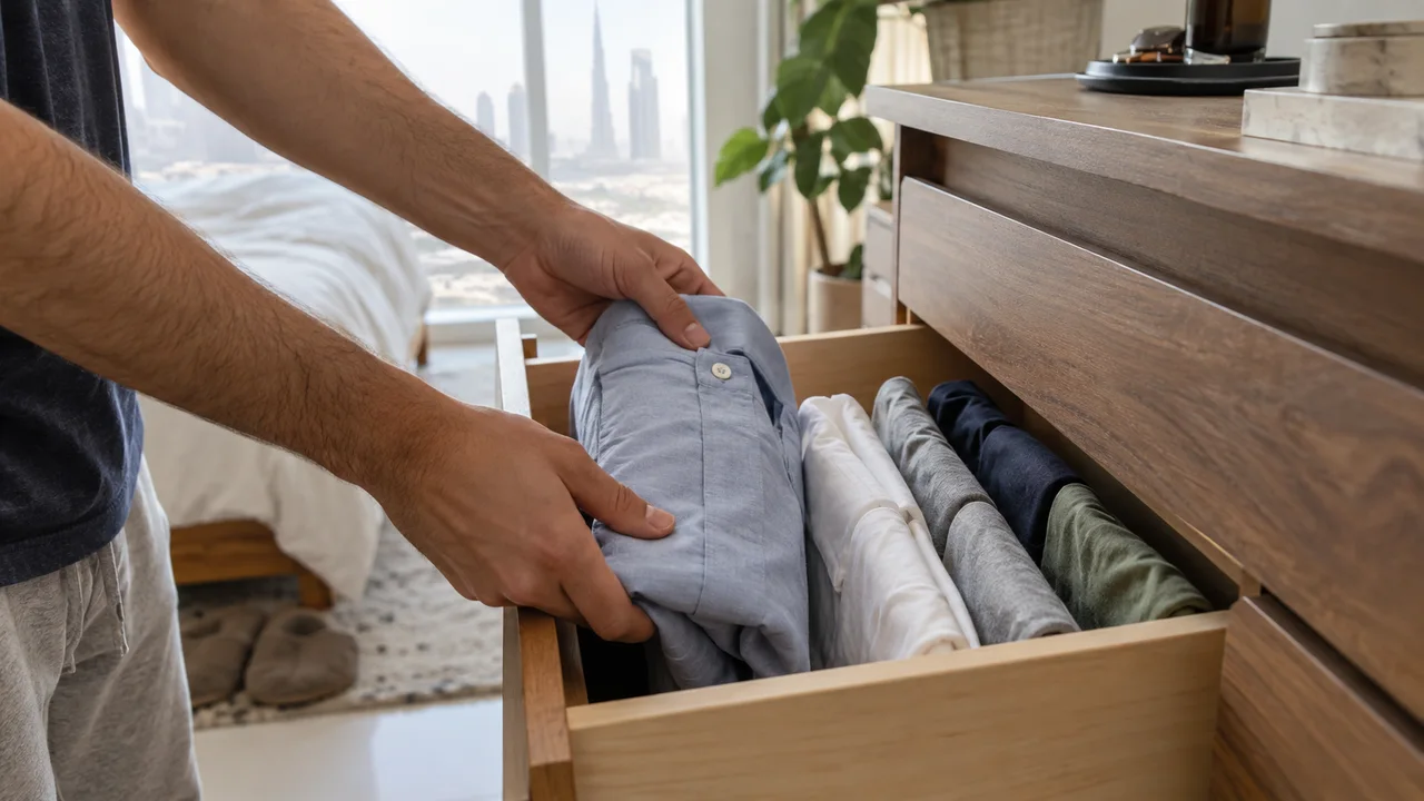 Hands placing an upright folded shirt in a dresser drawer beside other folded cotton clothes