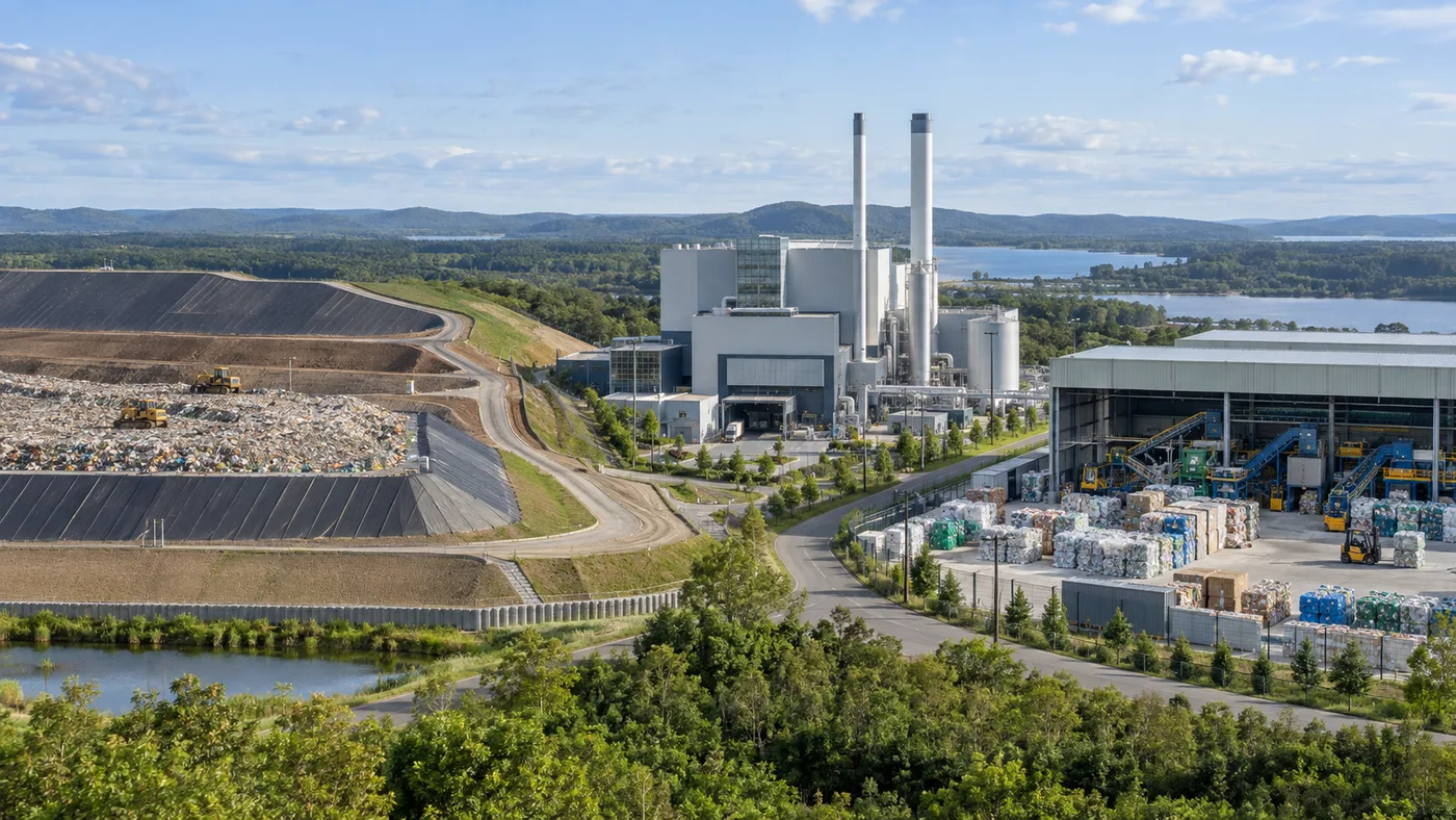 Elevated view of an engineered landfill, a waste-to-energy plant and a recycling facility arranged as three neighbouring waste routes