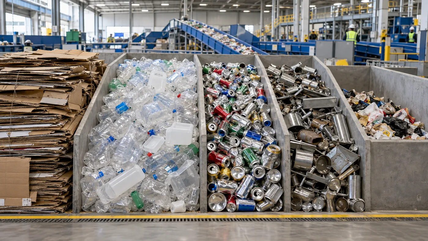 Separate bays holding flattened cardboard, clear plastic containers, aluminium cans, steel pieces and a smaller mixed residual stream