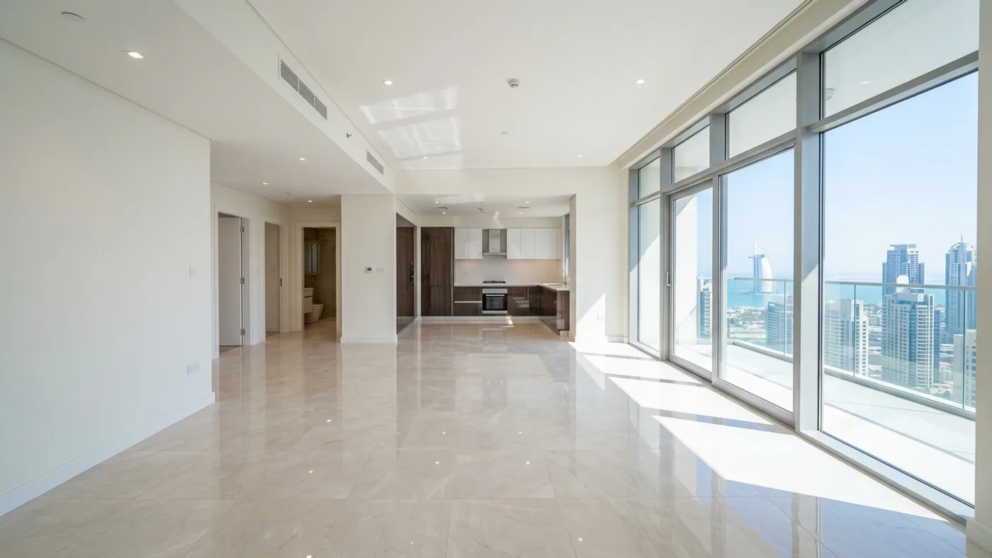 Immaculate, empty Dubai luxury apartment living room with polished tiles and clean walls prepared for landlord handover inspection