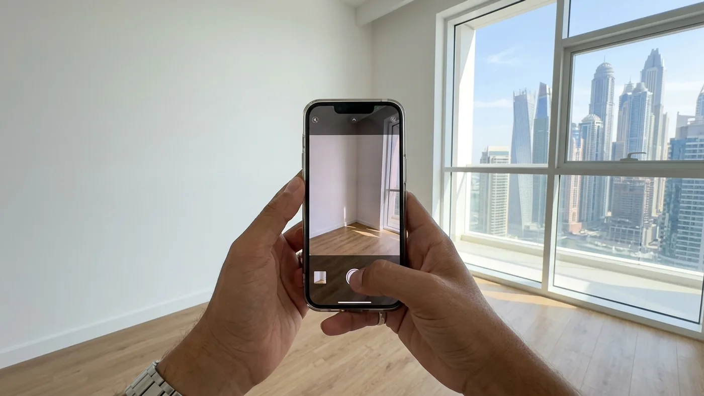 Tenant taking detailed smartphone photos of an empty, spotless Dubai apartment room to document move-out condition