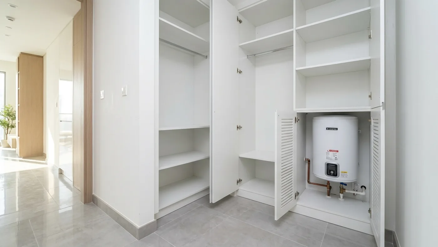 Open empty utility closet and storage shelving unit in a modern Dubai apartment ready for final landlord inspection