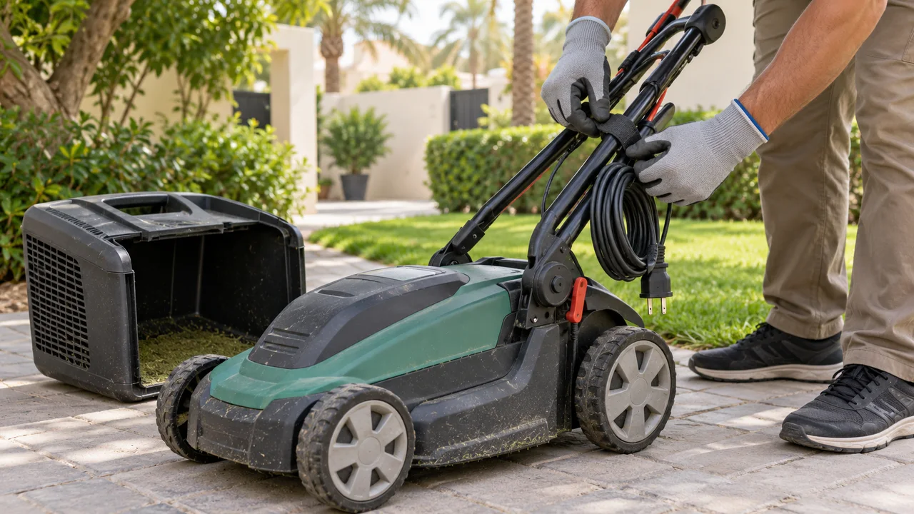 Gloved hands strapping the folded handle and coiled cable of an upright electric lawn mower beside its empty grass box
