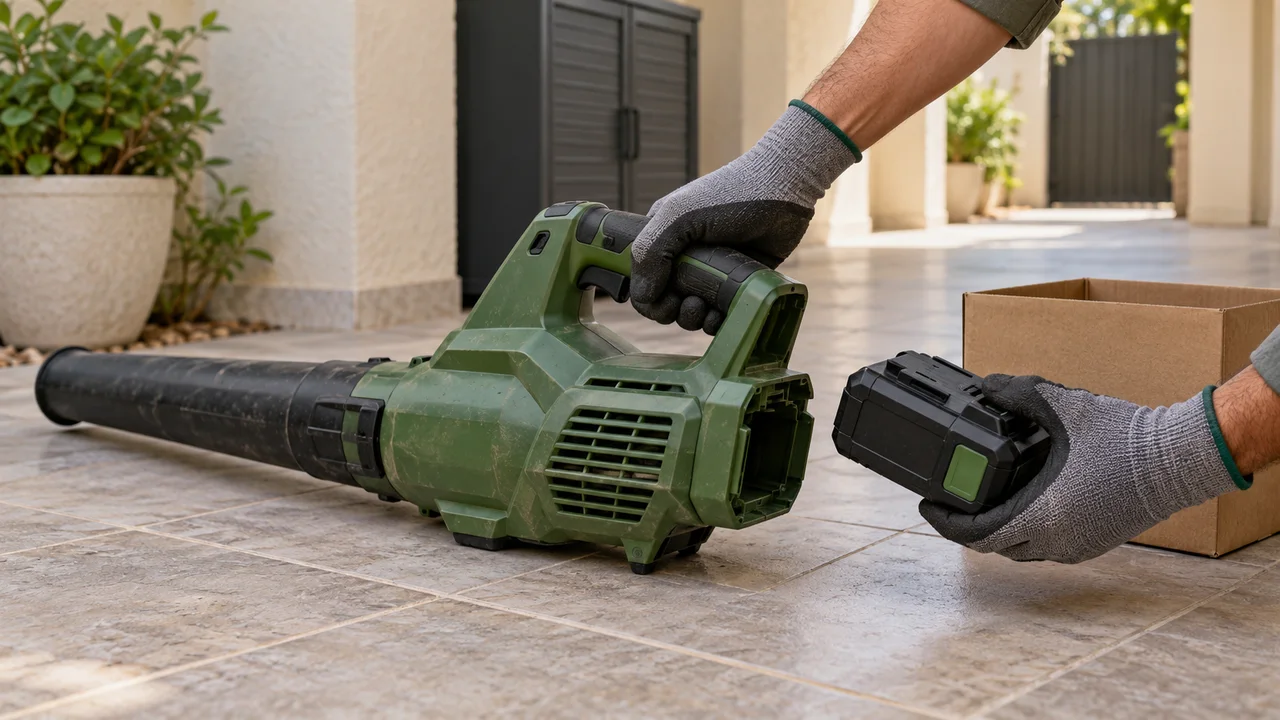 Gloved hands holding a detached black battery beside a used green cordless leaf blower and an empty cardboard box