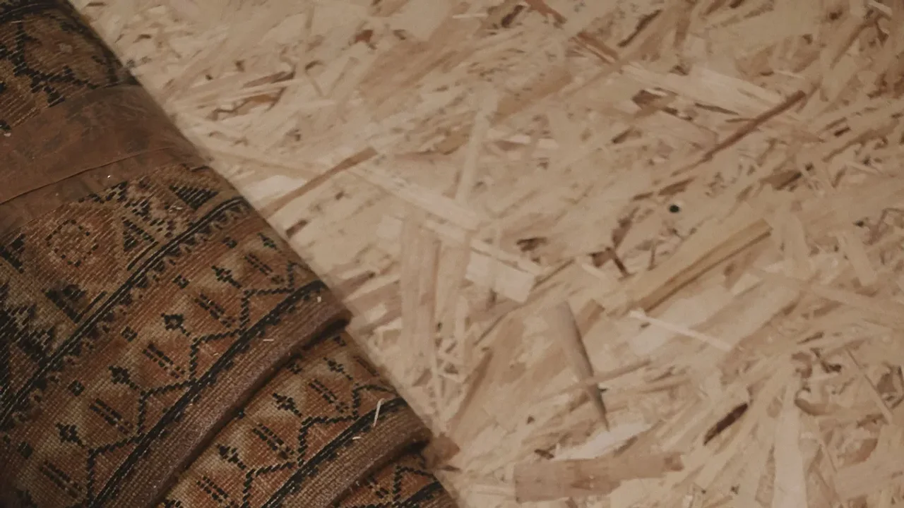 Close-up of an old patterned carpet with a geometric border rolled tightly on a pale chipboard floor