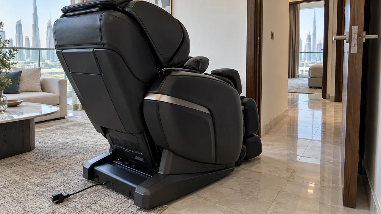 Rear and side of a bulky black massage chair with unplugged cable beside a narrow apartment doorway