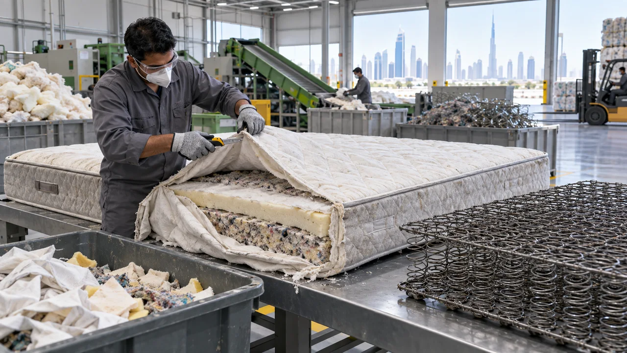 Trained recycling worker in protective equipment opening a used mattress on an industrial dismantling station beside separated steel springs